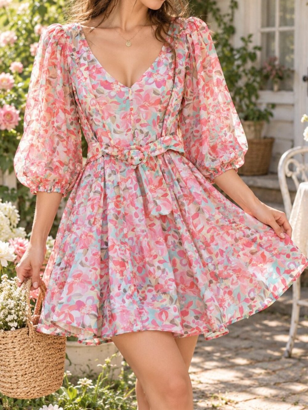 Sofie the Label Floral V Neck Puff Sleeve Belted Mini Dress M